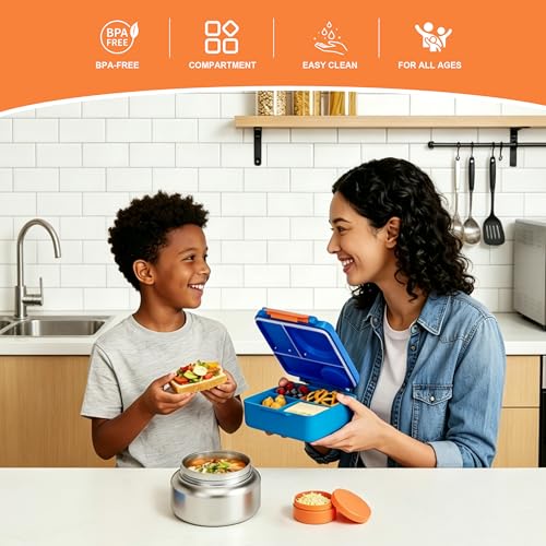 FOOYOO Bento Lunch Box Set for Kids & Adults, Leakproof 4-Compartment Container with Insulated Stainless Steel Food Jar, Utensils, BPA-Free, Microwave & Dishwasher Safe for School Work Travel（Blue） - color: Blue