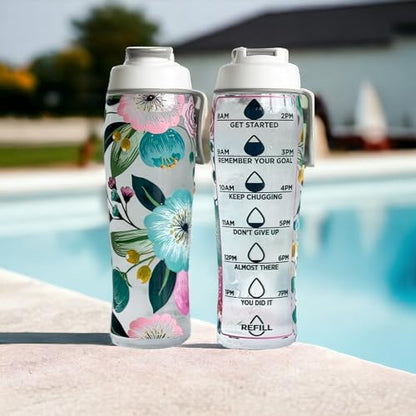 50 Strong | Water Bottle with Time Marker, 30 oz, Pretty Flowers - color: Pretty Flowers