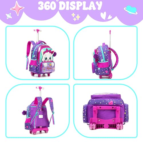 Meetbelify Rolling Backpack with Wheels for Girls Kids Cute Cat Rolling Backpack with Lunch Bag and Pencil Case Set Kids Travel Luggage for Elementary Girls Ages 5-12 - color: 01 Purple Cat