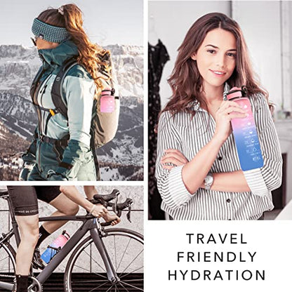 Hyeta Water Bottle with Straw & Time Marker, Plastic 32oz Leakproof | Motivational Tritan BPA Free Gym Office Outdoor Intake Tracker Hourly Reminder Straw Lid Carry Strap - color: Pink-Blue