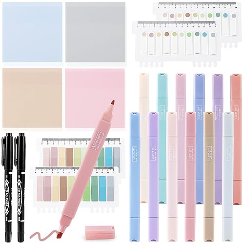 22 Pcs Bible Study Supplies Bible Highlighters No Bleed Assorted Colors Pens 1000 Sheets Transparent Sticky Notes with 2 Black Pens Pastal Highlighters Dual Tips Morandi Book Tabs Sticky Index - color: Aa-22pcs bible highlighters sticky notes