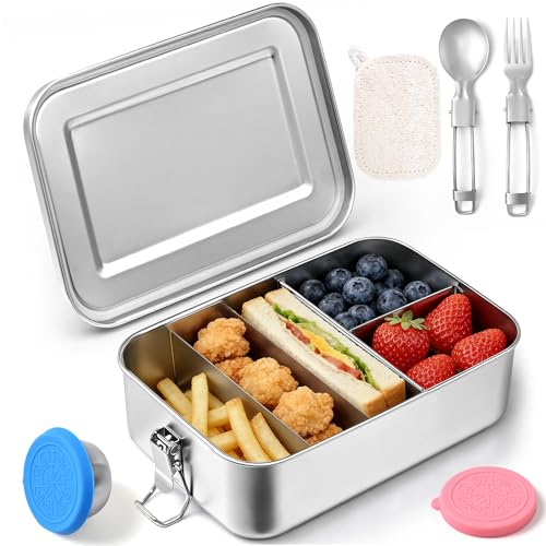 Qtencas Stainless Steel Lunch Box, 47oz / 1.4L Stainless Steel Bento Box | Metal Lunch Bento Box with Removable Dividers, Leakproof Condiment Containers, Dishwashing Sponge and Foldable Sporks - size: 47oz
