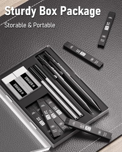 Four Candies Metal Mechanical Pencils 0.5 & 0.7 mm, 2PCS Mechanical Pencils with Dual Spring, 8 Tubes Lead Refills, 2PCS 4B Erasers and 18PCS Eraser Refills, Mechanical Pencil Set for Writing Drawing