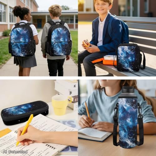 Blue Galaxy Wolf Backpack for Boys Girls Kids Backpack with Lunch Box Water Bottle Pouch and Zipper Pencil Case 4PCS Set Bookbag with Pockets for School 17 inch Large School Bag - color: Blue Wolf