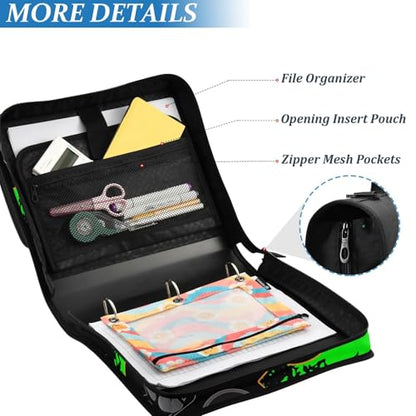 Green and Black Video Game Zipper Binder Bag 3 Ring with Handle Shoulder Strap, Binder File Organizer Bag Storage Case for School Work Office