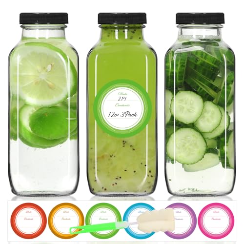 STARSIDE 12oz 3-Pack Glass Juice Bottles with Leak-proof Lids | Square Reusable Drinking Jars for Juicing, Milk, Kombucha - Includes 1 Bottle Brush, 6 Colored Labels - size: 12oz-3pcs
