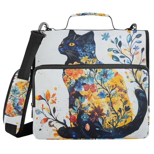 Zipper Binder Cat Flower Cute Decor Trapper Keeper 3 Ring Binder Bag Multiple Pockets & Storage Organizer, 500 Sheet Capacity with Shoulder Strap - color: Multi-cat