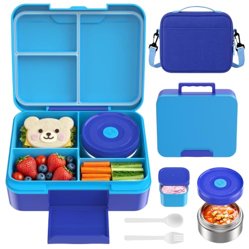 Kids Bento Lunch Box Set with 8.5oz Soup Cup Leak-Proof Container & Insulated Bag for Kids Girls Toddlers, School Travel - Navy Blue - color: Navy Blue