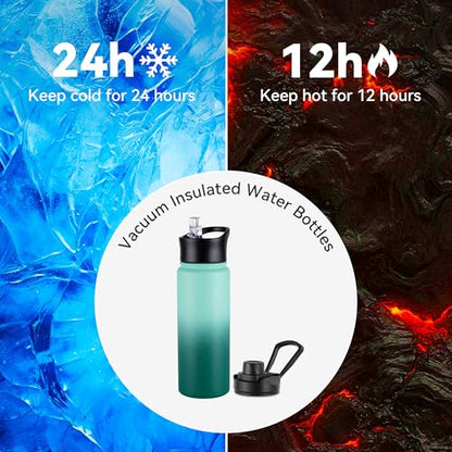 16 oz Insulated Water Bottle with Straw Lids, Stainless Steel Kids Water Bottles for School, Double Wall Vacuum Metal Water Bottle with Straw & Wide Mouth Lid, Gradient Green 1 Pack - color: Gradient Green, size: 16 Ounces