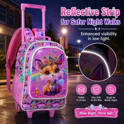 3Pcs Rolling Backpack for Girls, Kids Roller School Backpack with Wheels, Fox Wheeled Bookbag for Elementary Preschool Kindergarten(Pink) - color: Fox Yellow