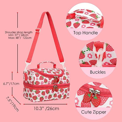 Insulated Kids Dual Compartment Lunch Bags Tote for Girls Boys Toddler Lunch Boxes Pre-School Toddler Kindergarten Picnic Camp Food Cooler Thermal with Strap (Bright Strawberry) - color: Bright Strawberry