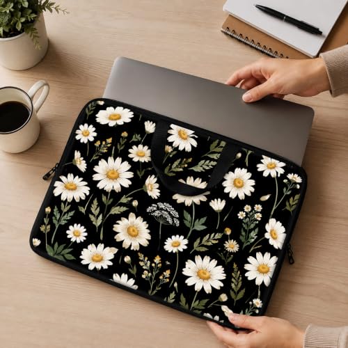 13 Inch Laptop Case Sleeve with Handle, Shockproof Slim Carrying Case | Soft Lining Computer Bag for MacBook Air 13 M3/M2/M1, MacBook Pro 13/14, iPad Pro 13 M4, Daisy Black Print - color: Daisy Black Print, size: 13-14 inch