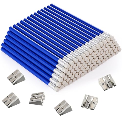 Fainne 102 Pcs Bulk Fat Jumbo Pencils Set 96 Giant Big Large Thick Pencils with Erasers 6 Sharpeners for Home School Classroom Beginners(Blue,Round) - color: Blue, style: Round