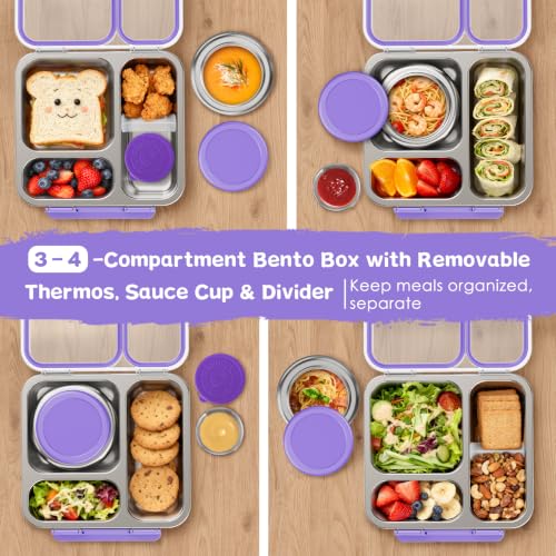 Pawtong Stainless Steel Bento Box Kids Adult with 7oz Insulated Food Jar, Transparent Lid Metal Lunch Box With Soup Thermal Jar, Lunch Box Container with Removable Divider & Sauce Cup School (Purple) - color: Purple