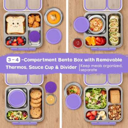 Pawtong Stainless Steel Bento Box Kids Adult with 7oz Insulated Food Jar, Transparent Lid Metal Lunch Box With Soup Thermal Jar, Lunch Box Container with Removable Divider & Sauce Cup School (Purple) - color: Purple