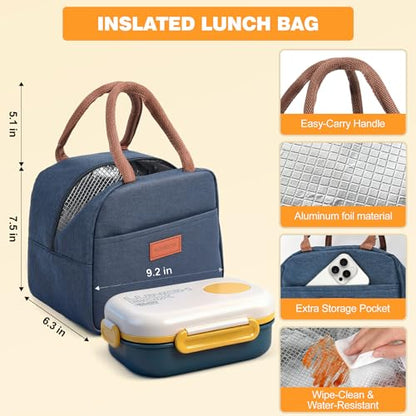 3-Compartment Leak-Proof Bento Box for Kids & Adults, Blue | Insulated bag, utensils & sauce container included; BPA-free; Microwave & dishwasher safe; Ideal for school, office & travel. - color: Blue