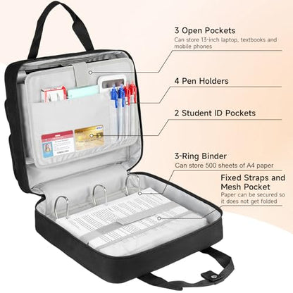 Zipper Binder 3 Ring, 500 Sheets Capacity, Binder 2 Inch with Shoulder Strap Fits 13 Inch Laptop for School and Office,Black - color: Black