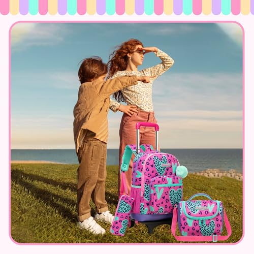 Girls Rolling Backpack for School Backpack with Wheels for Girls with Lunch Bag Cute Carry On Backpacks for Elementary Student - color: Purple Love