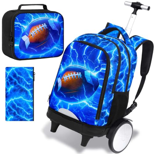 KLFVB Big Quiet-Glide Wheels Rolling School Backpack, 3-in-1 Roller Bag Set with Lunch Bag | Water-Resistant Wheeled Bookbag for Boys, Travel, Play - Lightning Rugby - color: Rolling Backpack With Big Wheels - Lightning Rugby