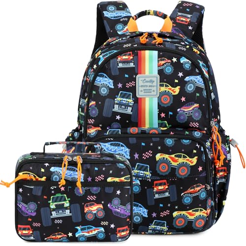 CAMTOP Backpack for Kids, Boys Girls Preschool Backpacks with Lunch Box Toddler Kindergarten School Bookbag Set - color: Rainbow Strip Black