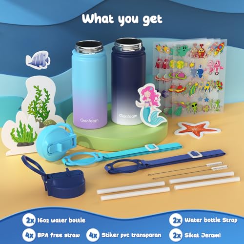 Gonfoam 16oz Kids Water Bottle, 2 Pack Stainless Steel Insulated Cup | DIY Stickers, BPA-free, Leak-proof, Sturdy, Keeps Cold 24h, Easy to Carry, Easy to Clean, Back to School, Gifts - color: Gray+Blue