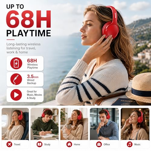 MIDOLA Bluetooth Headphones Over Ear, 68H Playtime Wireless Headphones with Microphone, 6 EQ Modes, HiFi Stereo Deep Bass, Foldable Lightweight Headset for Home Office, Cellphone, PC, Red - color: Red