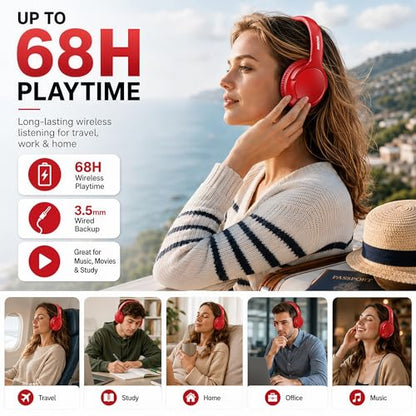 MIDOLA Bluetooth Headphones Over Ear, 68H Playtime Wireless Headphones with Microphone, 6 EQ Modes, HiFi Stereo Deep Bass, Foldable Lightweight Headset for Home Office, Cellphone, PC, Red - color: Red