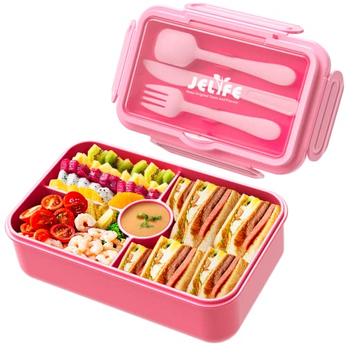 Jelife Kids Lunch Bento Box, Large Bento-Style Leakproof Boxes 4 Compartments Girls Snack Containers with Tableware for Back to School, Reusable On-the-Go Meal and Packing, Pink - color: 1100ml-Pink