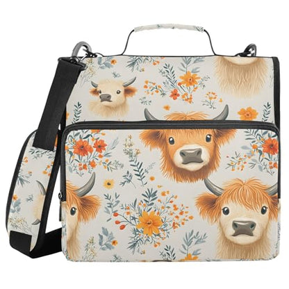 3 Ring Zipper Binder Highland Cow Wildflowers Binders Bag with Shoulder Strap 500 Sheets Paper Organizer Trapper Keeper Documents Storage File Folder for School Office - color: A1356