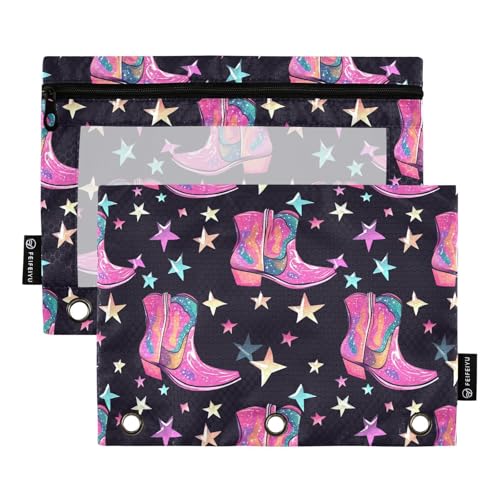 Fustylead Bright Pink Groovy Disco Cowgirl Boots Big Capacity Pencil Bag Fits 3 Ring Binders, Waterproof Pencil Case with Clear Window for School Cosmetic Office Students Supplies 2 Pack - color: Black03