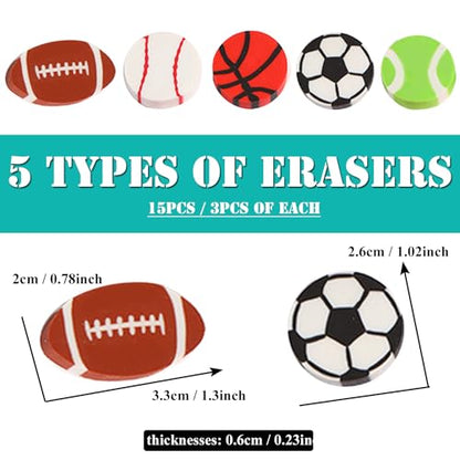 63 pcs Sports Pencils with Sports Ball Erasers, 48 pcs Funny Cute Wooden Pencils HB Drawing Pencil with 15 pcs Erasers for Sport Party School Stationery Reward Teacher Office Supplies
