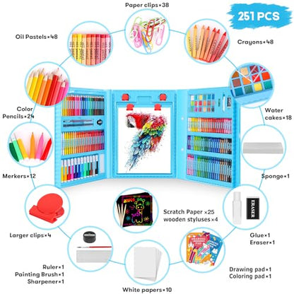 iBayam Art Case Coloring Set - (251ct), Art Kit for Him & Her, Art Supplies Set, Gifts with Trifold Easel, Scratch Paper, Sketching/Coloring Book, Crayons Pencils - color: Blue