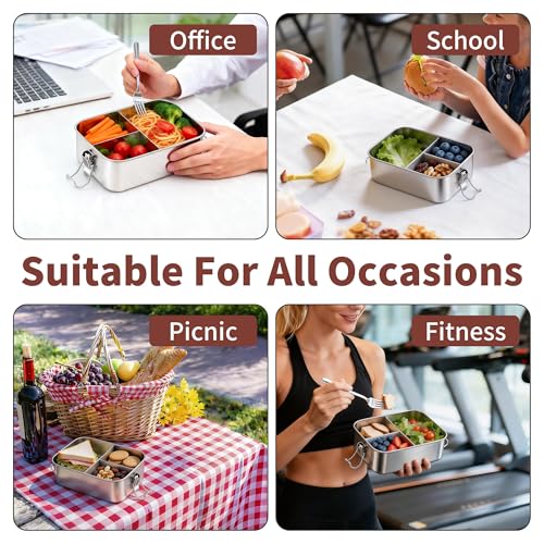 TeamFar 2 Pack Stainless Steel Bento Box, 28 & 47oz Metal Lunch Box | 3 Compartments for Adults/Kids, Lunch Food Containers for School/Work/Meal Prep, Leak-Proof & Dishwasher Safe, 850ML+1400ML - size: 850ML+1400ML