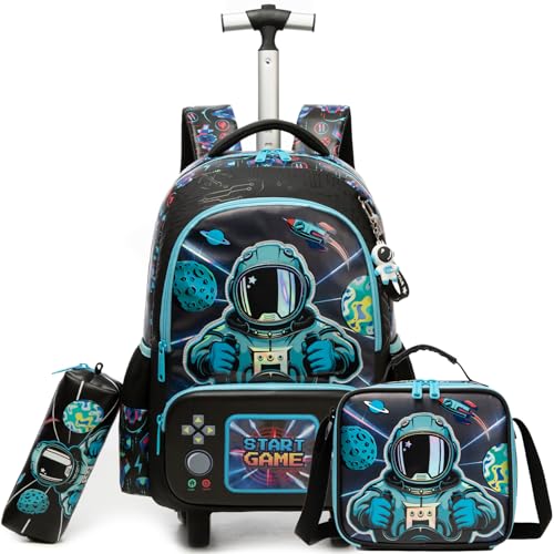 Kids Rolling Backpack for Boys Astronaut Trolley Suitcases Luggage with Wheels Bookbag Wheeled 3pcs Preschool Students Elementary Teenagers Lunch Box Pencil Case Blue for Age 5-10 - color: Blue-0201-yuhangyuan