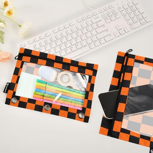 OrangeRed Buffalo Plaid Binder Pouches 3 Ring for Boys Girls School Office College Supplies Black Chessboard Halloween Pumpkin Aqua Pencil Pouches Case Bag with Clear Window and Zipper 2 Pack - color: Pumpkin
