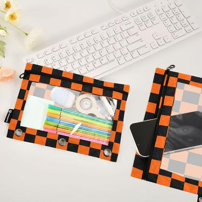 OrangeRed Buffalo Plaid Binder Pouches 3 Ring for Boys Girls School Office College Supplies Black Chessboard Halloween Pumpkin Aqua Pencil Pouches Case Bag with Clear Window and Zipper 2 Pack - color: Pumpkin