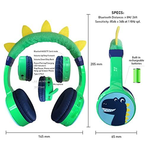 Kids Bluetooth Headphones, with 85dB Volume Limited Adjustable Headphone, Wireless Bluetooth Headphones, Aux 3.5mm Cable Included for Boys Girls Study, School, Kids Headset for ipad/Tablet - style: Dinosaur