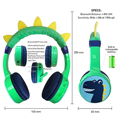 Kids Bluetooth Headphones, with 85dB Volume Limited Adjustable Headphone, Wireless Bluetooth Headphones, Aux 3.5mm Cable Included for Boys Girls Study, School, Kids Headset for ipad/Tablet - style: Dinosaur