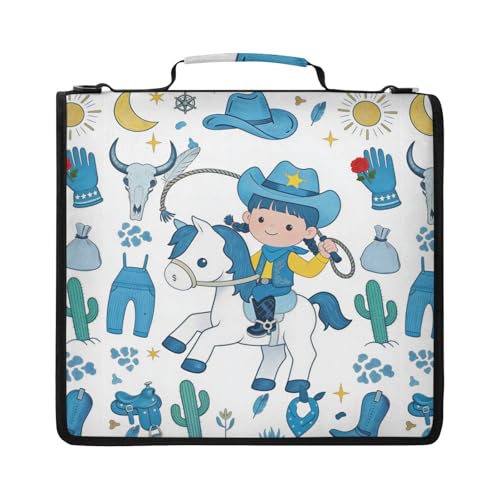 2 Inch Zipper Binder with 14 Inch Laptop Sleeve, Cute Cowgirl Wild West Blue Portfolio Case for School College Office, High Capacity Water-Resistant Binder Organizer Bag with Handle - color: Option I