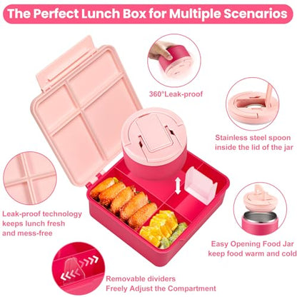 Bento Lunch Box for Kids with 8oz Soup Thermo,Kids Leakproof Lunch Food Containers with 4 Compartment,Kid Insulated Thermo Hot Food Jar for School,Trvael-Pink - color: Pink
