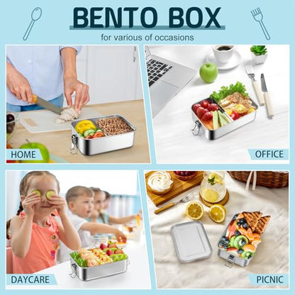 TeamFar Stainless Steel Bento Box, 47oz/1400ML Large Metal Lunch Box | Lunch Container for Adults / Kids, for Home/School/Office/Travel, with 2 Removable Dividers, Leak-Proof & Dishwasher Safe - size: 1400ML