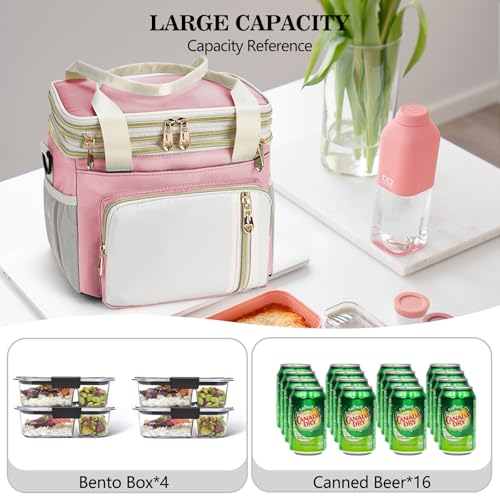 LOKASS Lunch Box & Lunch Bag for Women Men Double Deck, Large Insulated Adult Lunch Box Leakproof Lunchbox Cooler Bag for Work Picnic Beach,（Pink&White 16L） - color: Pink 1