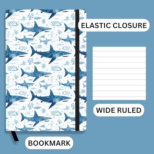 RICCO BELLO Wide Ruled Hardcover Diary Journal, Blue Shark | For Kids, Tweens, Bookmark, Band Closure, Storage Pocket, 5.7 x 8.4 Inches, 192 Pages - color: Blue Shark