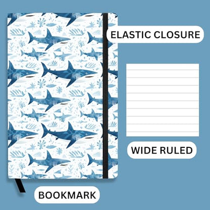 RICCO BELLO Wide Ruled Hardcover Diary Journal, Blue Shark | For Kids, Tweens, Bookmark, Band Closure, Storage Pocket, 5.7 x 8.4 Inches, 192 Pages - color: Blue Shark