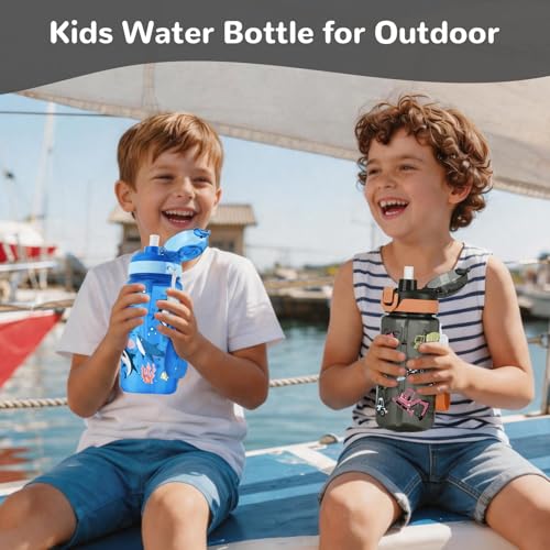 20oz Removable Straw Kids Water Bottle, Shark & Excavator | Plastic Sports Water Bottle with Pop-Up Lid & Lock · BPA-Free · Handle Strap · Dishwasher Safe · Boys & Girls