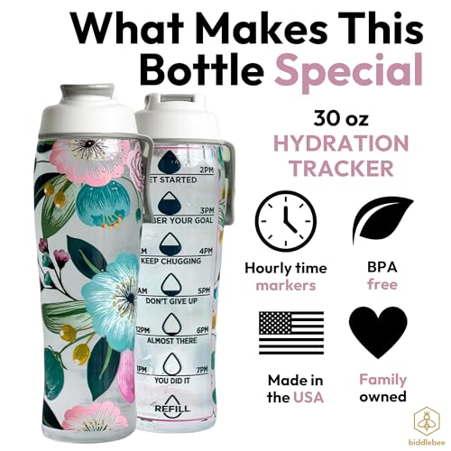 50 Strong | Water Bottle with Time Marker, 30 oz, Pretty Flowers - color: Pretty Flowers