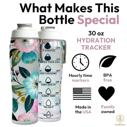 50 Strong | Water Bottle with Time Marker, 30 oz, Pretty Flowers - color: Pretty Flowers