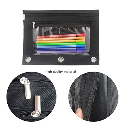 3 Ring Binder Pencil Pouch with Durable Zipper Binder Pencil Case with Clear Window 2 Pocket Black Canvas 2 Pack