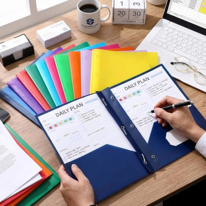 Cholemy 132 Packs Pocket Folders with Prongs Heavy Duty Plastic Folder with Business Card Slot 3 Prong Fasteners for School Office (Bright) - color: Bright