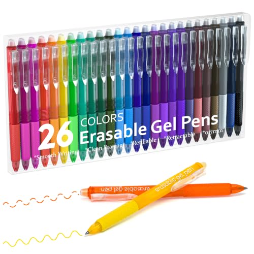 Lineon Erasable Gel Pens, 26 Colors Retractable Erasable Pens Clicker for Back to School, Fine Point, Make Mistakes Disappear, Assorted Color Inks for Drawing Writing Planner and Crossword Puzzles - color: 26 Colors, size: 1 Count (Pack of 26)